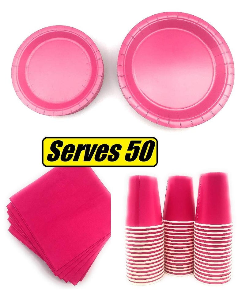 Oojami Serves 50 Complete Party Pack, Pink Disposable Tableware Set â€“ 9" Dinner Plates, 7" Dessert Plates, 9 Oz Cups, 3-Ply Napkins for Birthdays, Office Parties, Festivals, and Events - Image 2